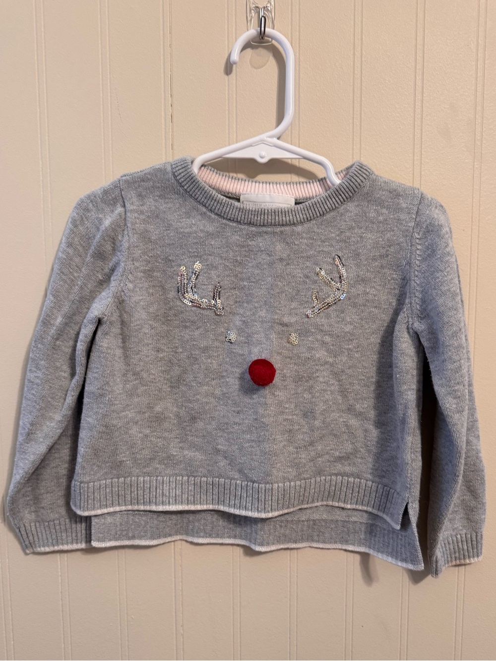 Kids Gray Reindeer Sweater with Sequins and Red Pom Accent